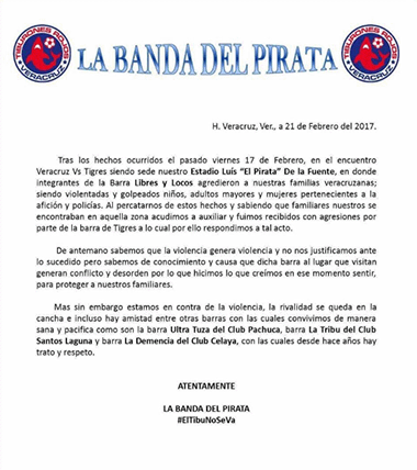 Postura de la porra del Tiburón tras los hechos violentos en el 'Pirata'