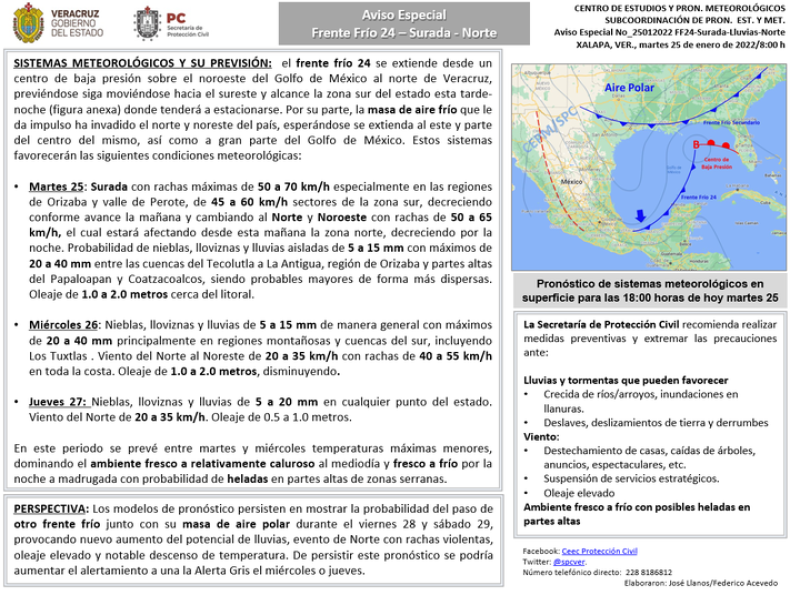 Población veracruzana: Aviso Especial por Frente frío 24-Lluvia-Norte-Surada.